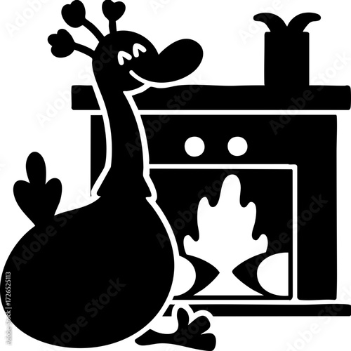Cartoon goose sits contentedly by cozy fireplace, exuding warmth and relaxation. simple, playful illustration captures sense of comfort and tranquility