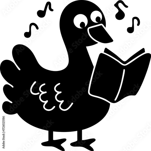 Cartoon goose joyfully sings while holding book, surrounded by musical notes, creating lively and cheerful atmosphere