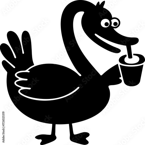 Cartoon goose happily sipping from cup, showcasing playful and whimsical design. simple black silhouette emphasizes goose cheerful expression and quirky pose