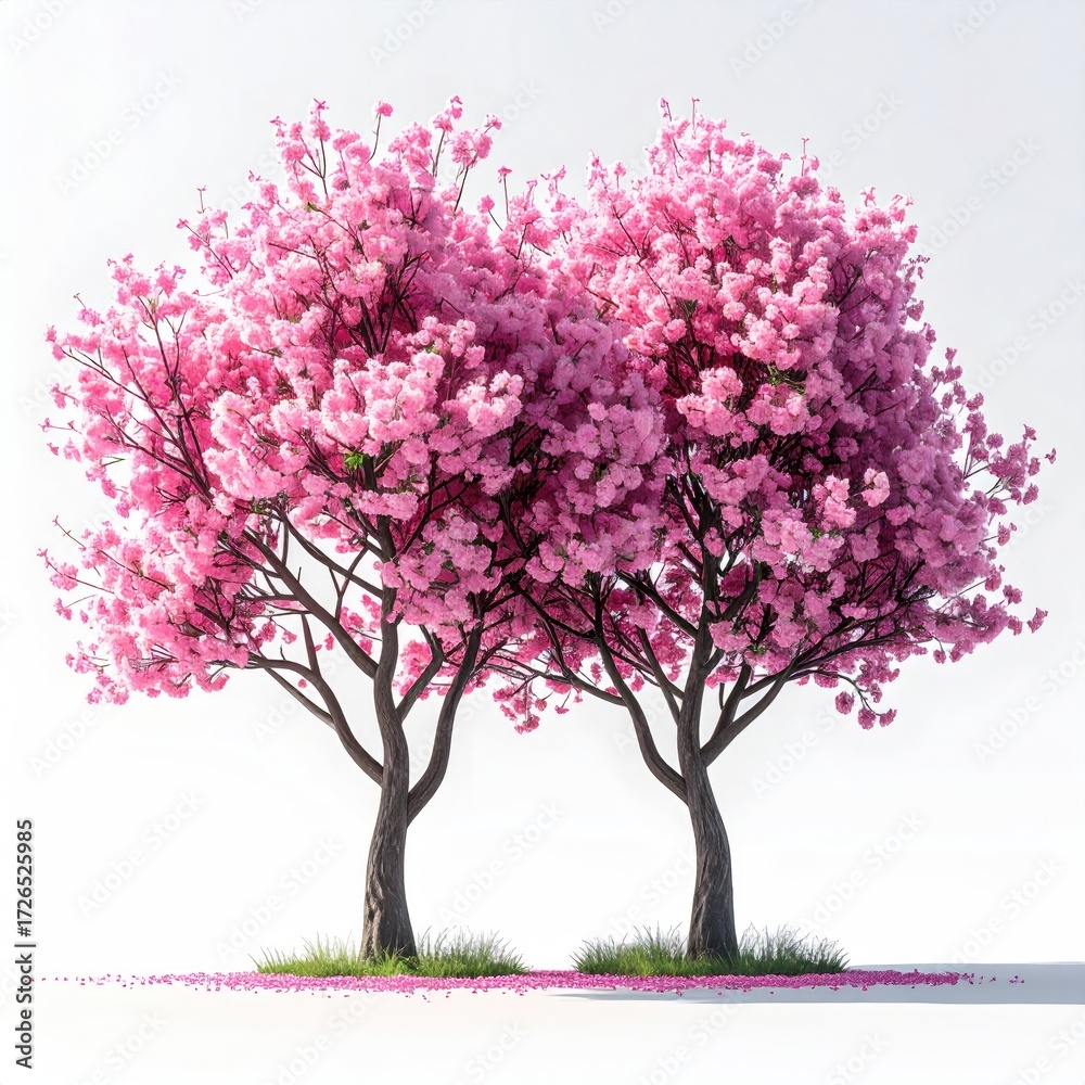 Obraz premium Two pink cherry blossom trees on white