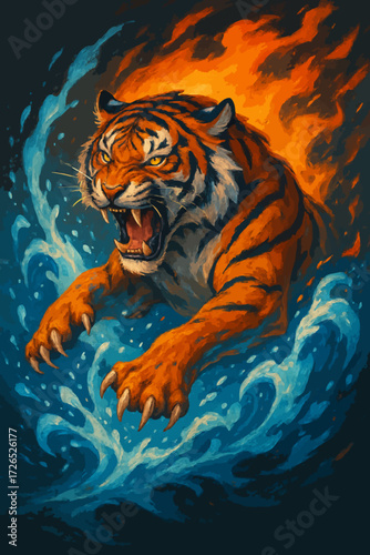 Dynamic illustration of a roaring tiger, a powerful symbol of nature's raw energy, emerging from swirling water amidst blazing flames, depicting elemental strength and fierce passion
