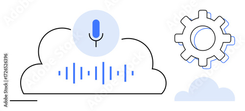 Microphone and sound wave in a cloud with a gear symbolizing voice recognition, AI, and cloud computing. Ideal for technology, automation, innovation, development, connectivity, AI integration