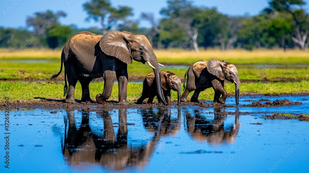Fototapeta premium Elephant Family Crossing Water A Serene Wildlife Scene in Lush Greenery