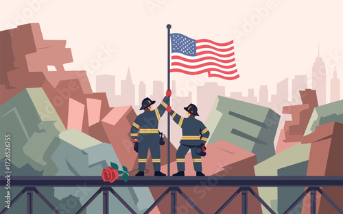 Two firefighters raise American flag amidst rubble and city skyline