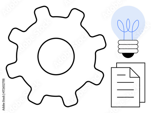 Gear indicates process, lightbulb symbolizes innovation, and document reflects planning or documentation. Ideal for productivity, planning, teamwork, business strategy, problem-solving, creativity