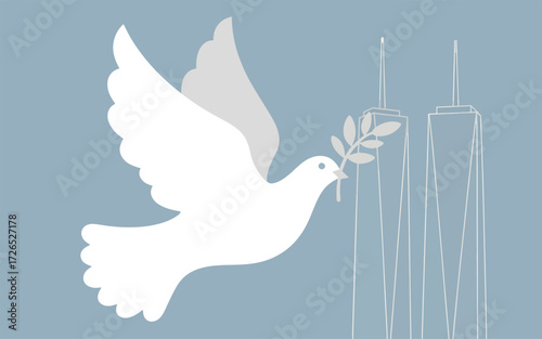 White dove with olive branch flies past twin towers 1