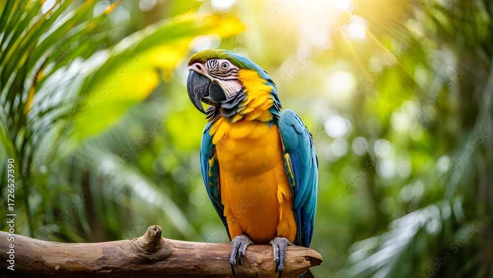 Obraz premium A blue and gold macaw perched on a branch in a lush tropical environment with sunlight