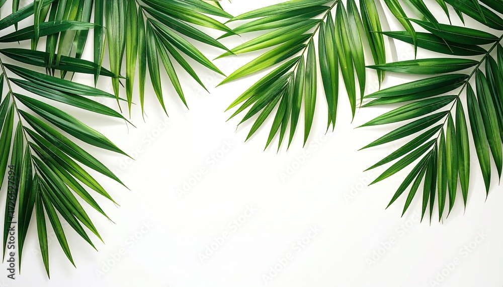 Fototapeta premium Fresh palm fronds frame a white background (1)