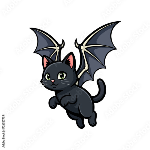 Flat Vector Cat with Bat Wings in Bold Cartoon Style on White Background