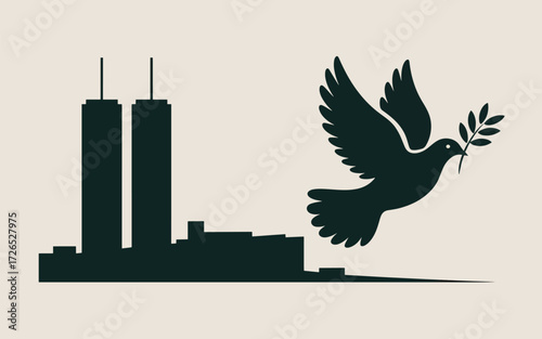 Silhouette dove with olive branch over twin towers skyline
