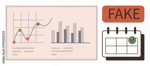 Bar graph, line chart, calendar with event, Fake alert. Ideal for misinformation, fraud, verification, analytics scheduling awareness and data accuracy. Simple flat metaphor