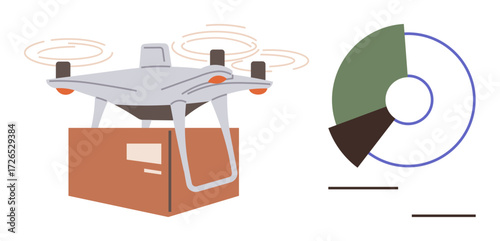 Delivery quadcopter carrying a package next to a pie chart. Ideal for logistics, technology, innovation, efficiency, data analysis, transportation, e-commerce. Simple flat metaphor