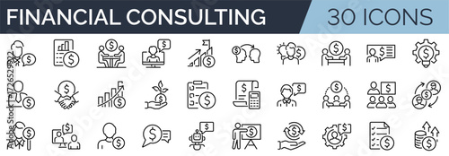 Set of 30 outline icons related to financial consulting. Linear icon collection. Editable stroke. Vector illustration