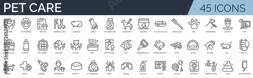 Set of 45 outline icons related to pet care. Linear icon collection. Editable stroke. Vector illustration
