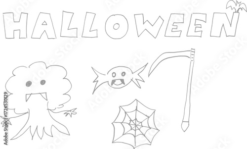 hand drawn Halloween cartoon, set of Halloween doodle icon from hand drawing style of black line on white background knife, fence, bat, ghost, tree, spider net