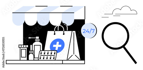 Pharmacy storefront, shopping bag with medical cross, pills, bottles, 247 availability, magnifying glass, and minimal cloud accents. Ideal for healthcare, e-commerce medicine accessibility