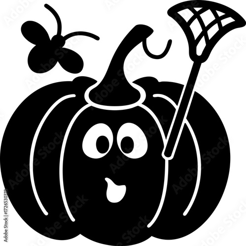Cute pumpkin with smiling face, butterfly, and rake creates playful autumn theme. illustration captures whimsical and festive mood, perfect for Halloween or fall decorations