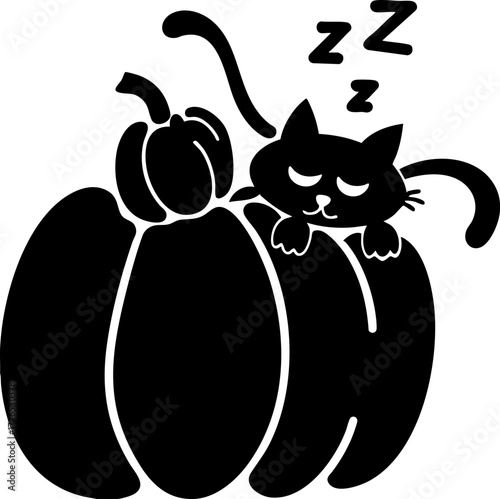 Cute cat is peacefully sleeping on large pumpkin, with smaller pumpkin nearby, creating cozy and whimsical autumn scene