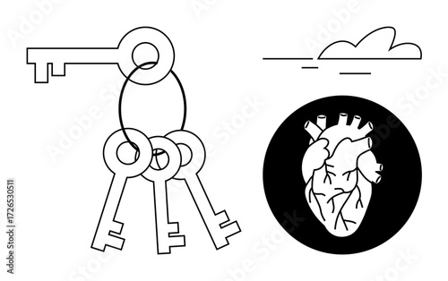Keys hanging on a ring beside a detailed anatomical heart within a black circle, minimalist cloud and lines above. Ideal for security, health, emotion, protection, trust, solutions, simplicity