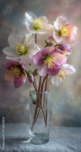 Delicate winter flowers in a glass vase