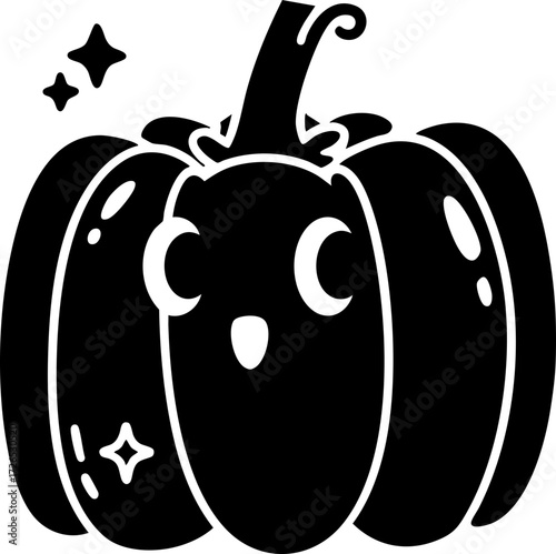 Cute cartoon pumpkin with smiling face and sparkling eyes, featuring whimsical design and curly stem, evokes playful Halloween spirit