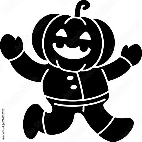 Joyful cartoon character with pumpkin head and playful expression is depicted in simple, monochrome style. character is wearing buttoned outfit and appears to be in cheerful, jumping pose