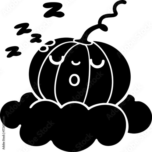 Cute cartoon pumpkin with sleepy face rests on fluffy cloud, surrounded by Z symbols indicating sleep. illustration conveys whimsical and peaceful mood