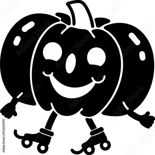 Cheerful pumpkin character with smiling face and roller skates, perfect for Halloween themed designs. playful expression adds fun and whimsical touch to seasonal decorations