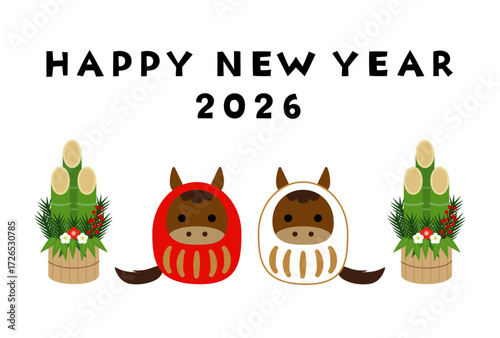 馬だるまと門松のシンプルな年賀状（2026年）