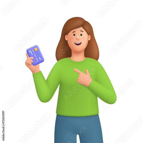 Young smiling woman Kate holding and pointing at credit debit card or digital payment card. Finance, payment, banking and shopping concept. 3d vector people character. Cartoon minimal style.
