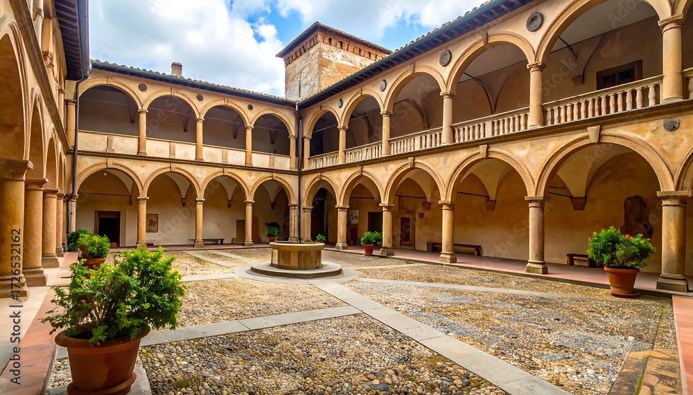 Fototapeta premium A sun-drenched courtyard, arches, and classical architecture