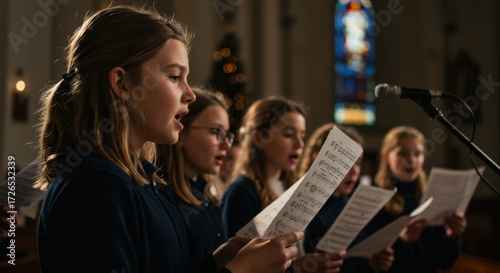 Group of kids singing in Christmas choir. Children perform holiday hymns during concert. Adorable girls in church worship.