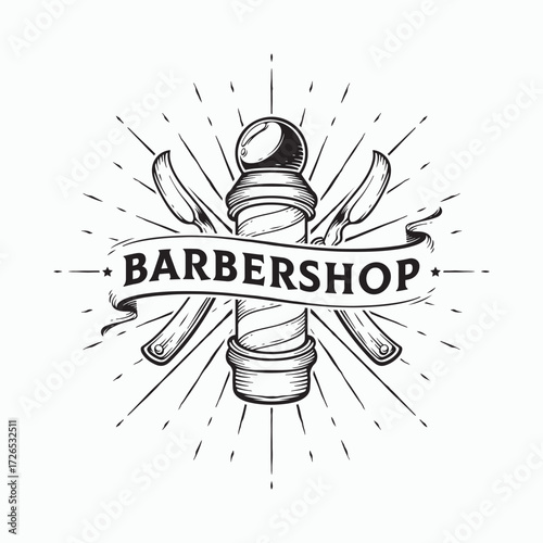 Vintage barbershop pole with crossed razors emblem for classic grooming brand, perfect for logo design, shop signs and barber-themed promotions