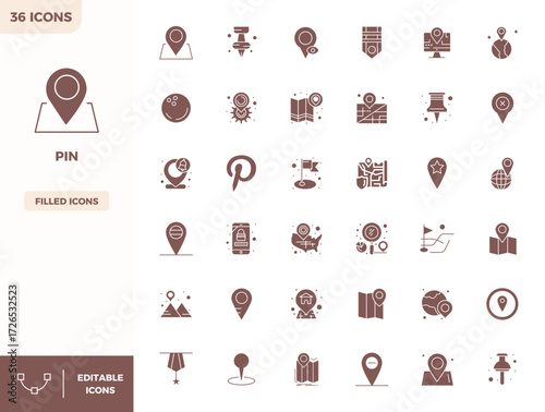 Canvas Print Artfully designed 36 Filled PIXEL perfect vector icons for Pin, delivered in 128x128 format for consistent visual excellence