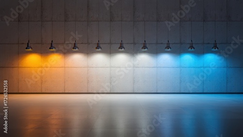 A row of industrial pendant lights illuminating a concrete wall with a gradient of warm orange to cool blue light, showcasing color temperature