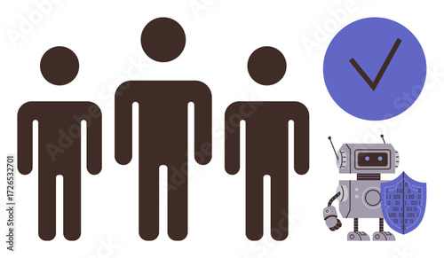 Shadows of three individuals alongside robot with security shield and checkmark showcasing the concept of trust, collaboration, protection, and technology. Ideal for teamwork, AI, cybersecurity