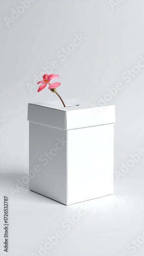 A pink flower emerges from a plain white box against a light gray background