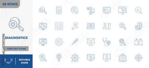 Bild auf Leinwand Intelligently designed 28 PIXEL perfect vector icons inspired by Diagnostics, created in Minimal Line format at 128x128 for smart and efficient design workflows