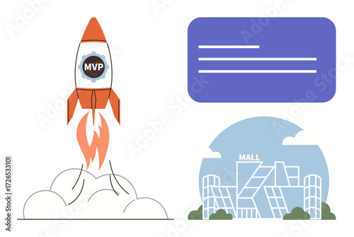 Rocket labeled MVP launching with flames and smoke next to a text box and geometric shopping mall. Ideal for startups, innovation, business growth, retail, technology, entrepreneurship, simple flat