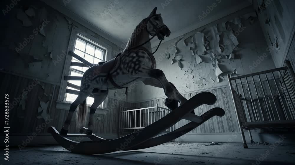 Haunted rocking horse in derelict room with peeling wallpaper. Creepy ...