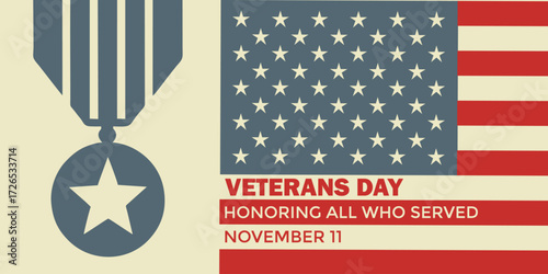 Happy Veterans Day. Vector illustration of Veterans Day poster with American flag and military medal, honoring all who served with patriotic design for United States national holiday.