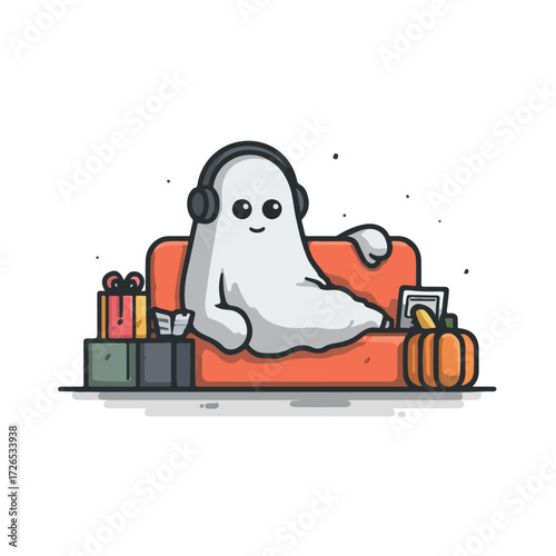 Boneless Couch poster poster, cute ghost lying on the sofa listening to music, Halloween, musical notes, pumpkin