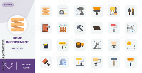 Revolutionary set of 24 PIXEL perfect vector icons inspired by Home Improvement, created in Flat format at 128x128 resolution for cutting-edge design.