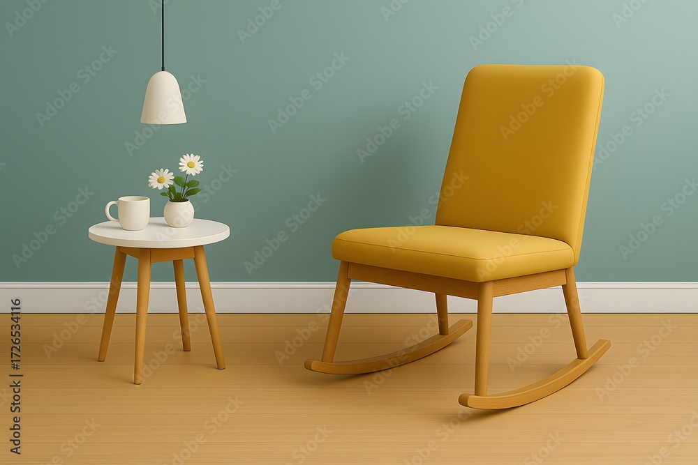 Fototapeta premium Modern Minimalist Living Room with Yellow Rocking Chair and White Side Table with Flowers under Pendant Light – Scandinavian Cozy Interior Design