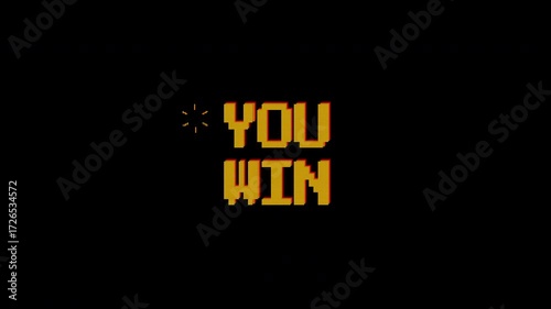 You win animation text on 8 bit retro game black background. 4k video. Perfect for video game or opening old video style.