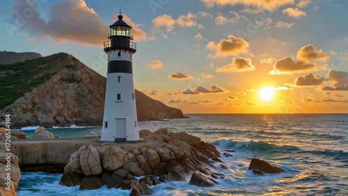 arafed lighthouse on a rocky shore with a sunset in the background