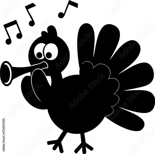 Cartoon bird joyfully plays trumpet, surrounded by musical notes, conveying sense of fun and music. bird exaggerated features and playful expression add to whimsical atmosphere