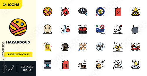 This set of 24 Flat Lineal Color vector icons captures Hazardous themes in 128x128 PIXEL perfect quality, perfect for tech and business applications.