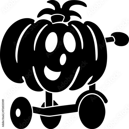 Playful pumpkin character with smiling face is creatively designed as tricycle, featuring wheels and handlebars. illustration combines Halloween and childhood themes in whimsical style