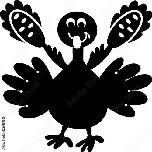 Cheerful cartoon turkey with raised wings and smiling face, often associated with Thanksgiving celebrations. simple, playful design adds festive touch to holiday decorations
